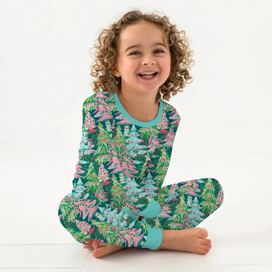Brushstroke Merry Trees Two Piece Long Sleeve Pajama Set - Zumbamboo