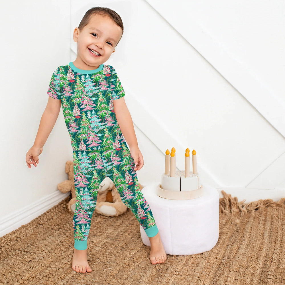 Brushstroke Merry Trees Two Piece Short Sleeve Pajama Set - Zumbamboo