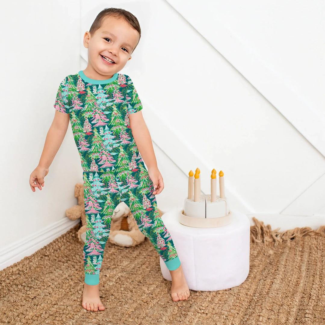 Brushstroke Merry Trees Two Piece Short Sleeve Pajama Set - Zumbamboo