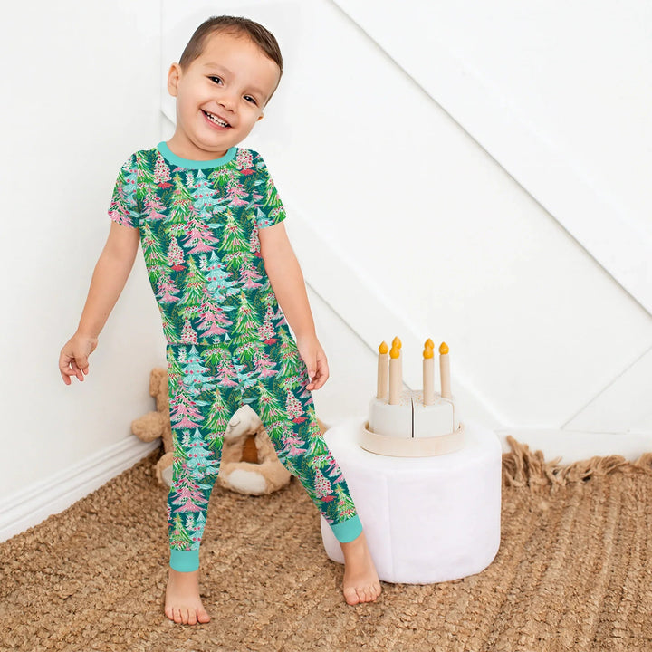 Brushstroke Merry Trees Two Piece Short Sleeve Pajama Set - Zumbamboo