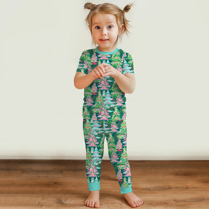Brushstroke Merry Trees Two Piece Short Sleeve Pajama Set - Zumbamboo