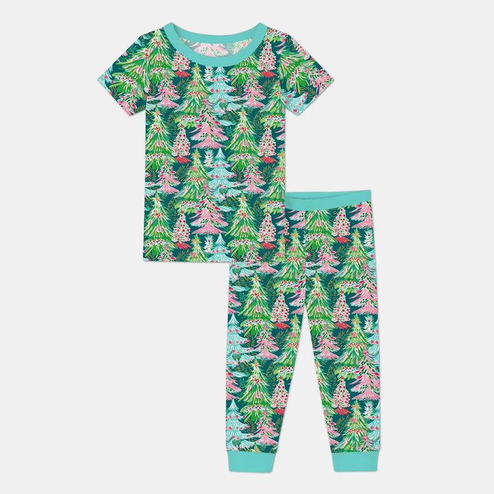 Brushstroke Merry Trees Two Piece Short Sleeve Pajama Set - Zumbamboo