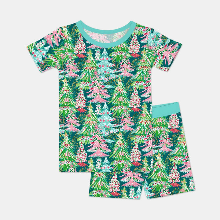 Brushstroke Merry Trees Two Piece Short Sleeve Shorts Pajama Set - Zumbamboo