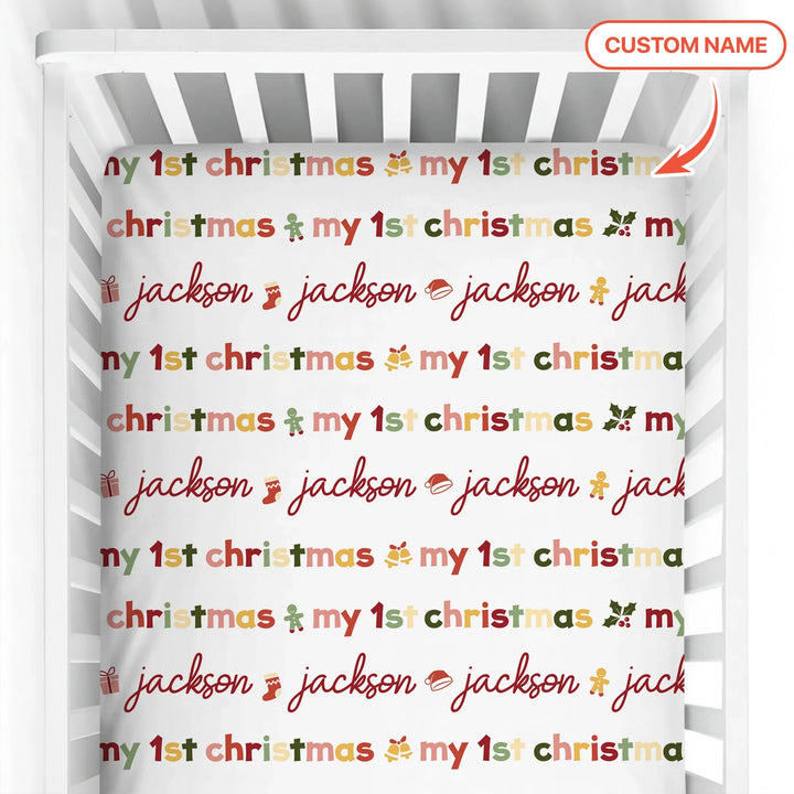 Custom Name My First Christmas Color Mood Fitted Crib Sheet