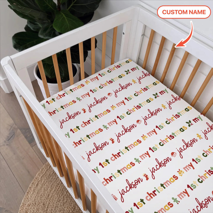 Custom Name My First Christmas Color Mood Fitted Crib Sheet