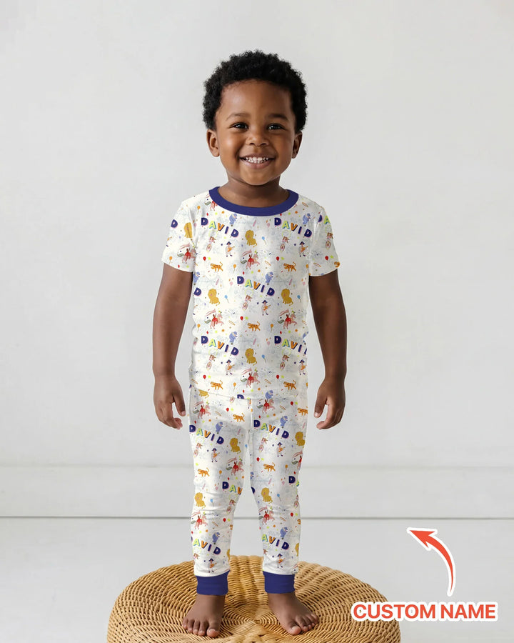 Custom Name Circus Toile Bamboo Two Piece Short Sleeve Pajama Set