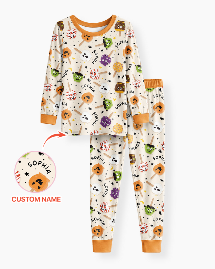 Custom Name Halloween Treats Bamboo Two Piece Long Sleeve Pajama Set