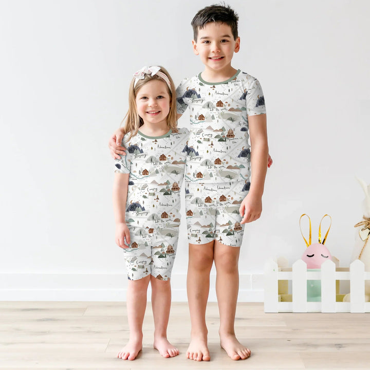 Camping Route Map Two Piece Short Sleeve Shorts Pajama Set - Zumbamboo