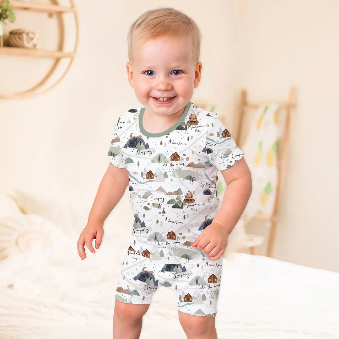 Camping Route Map Two Piece Short Sleeve Shorts Pajama Set - Zumbamboo