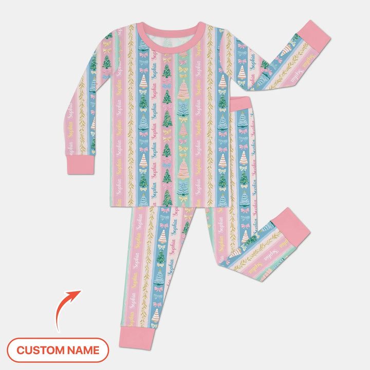 Candy Ribbon Christmas Custom Name Two Piece Long Sleeve Pajama Set - Zumbamboo
