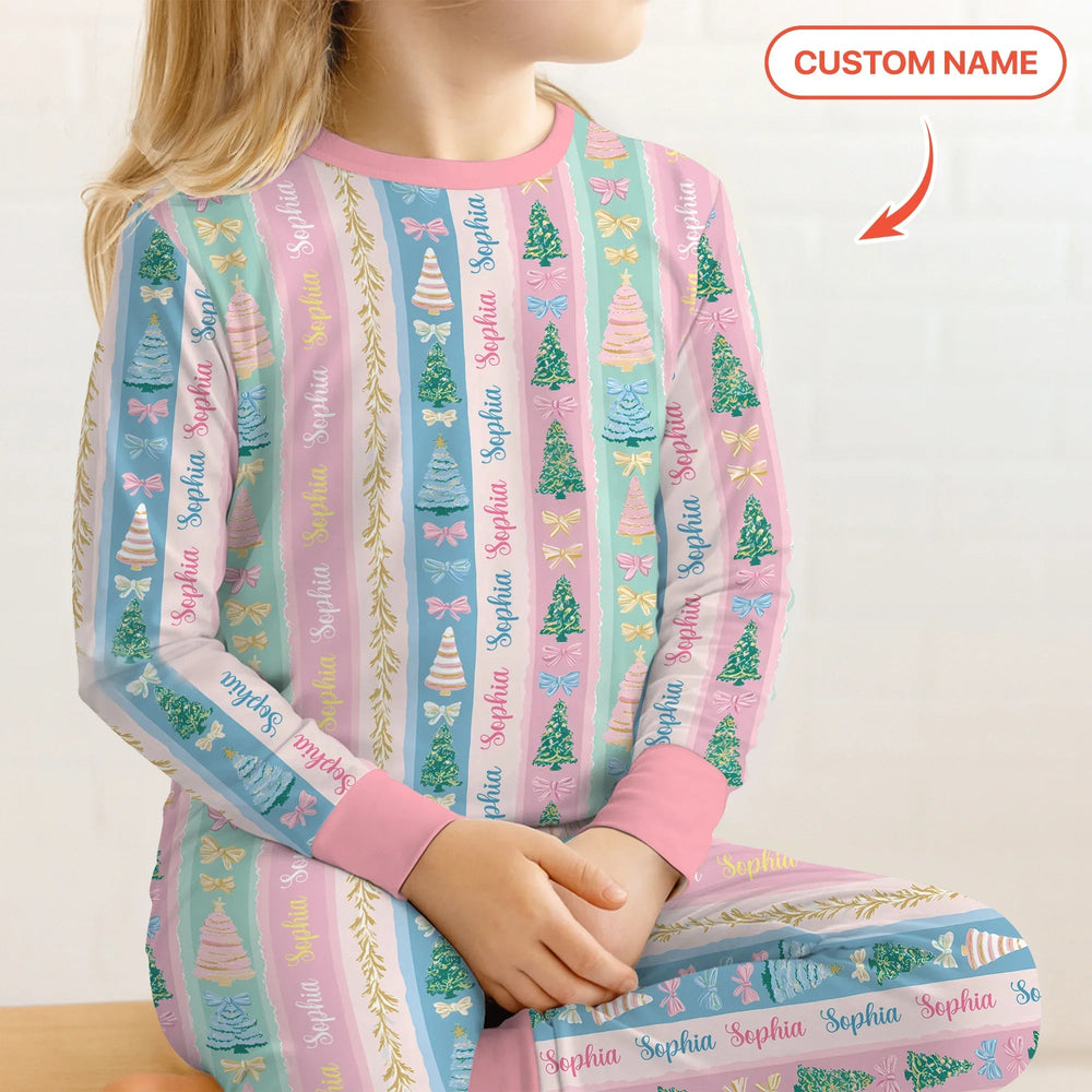 Candy Ribbon Christmas Custom Name Two Piece Long Sleeve Pajama Set - Zumbamboo