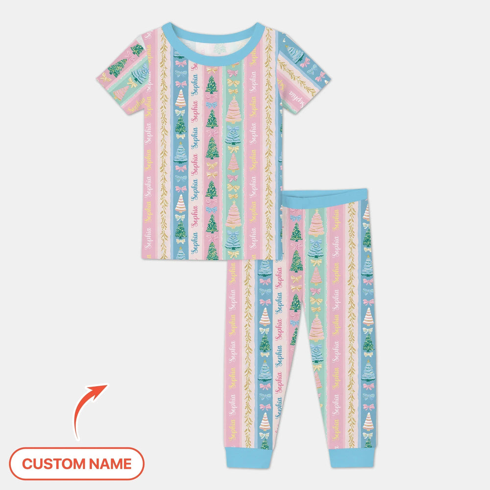 Candy Ribbon Christmas Custom Name Two Piece Short Sleeve Pajama Set - Zumbamboo
