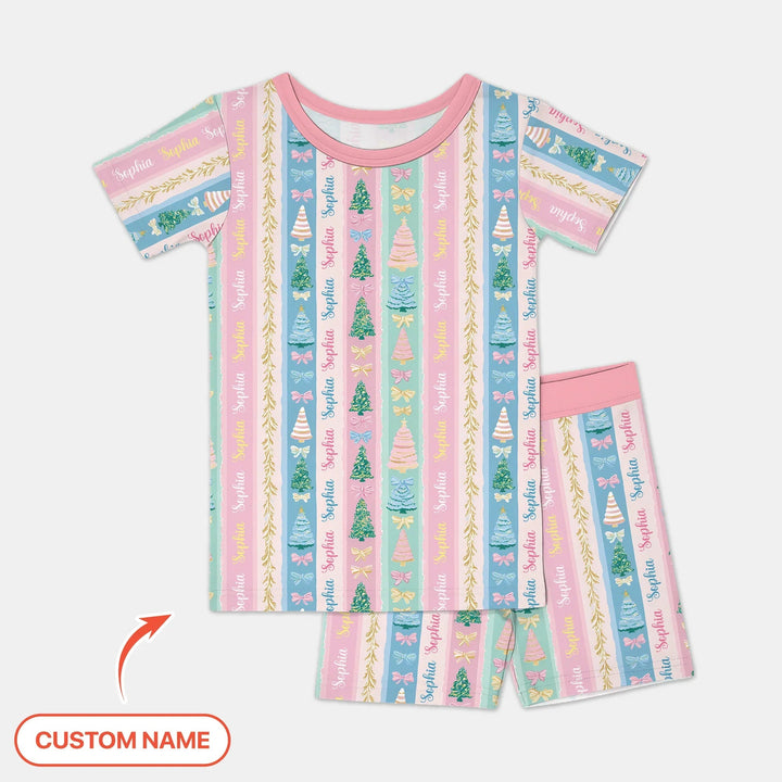 Candy Ribbon Christmas Custom Name Two Piece Short Sleeve Shorts Pajama Set - Zumbamboo