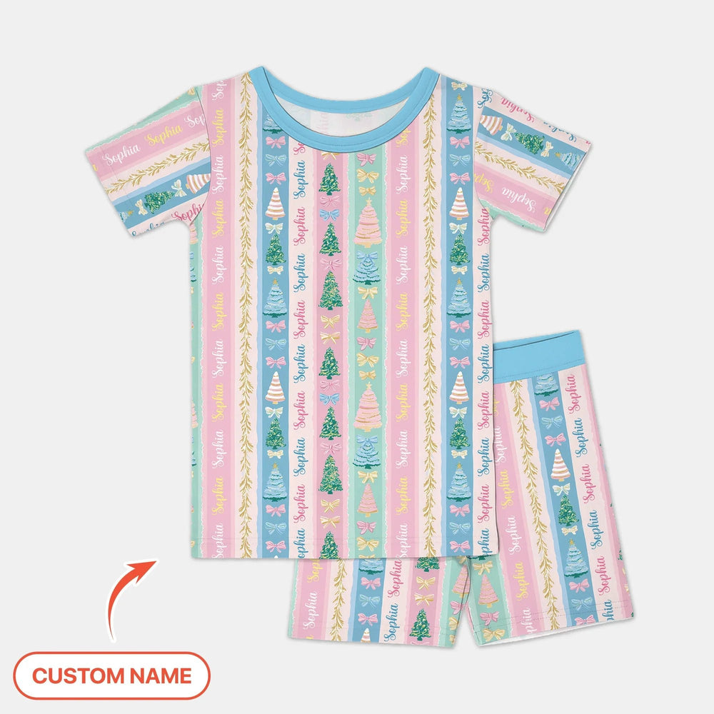 Candy Ribbon Christmas Custom Name Two Piece Short Sleeve Shorts Pajama Set - Zumbamboo