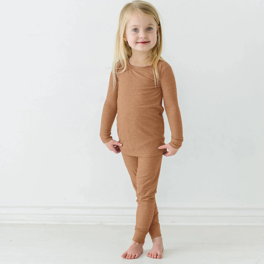 Caramel Ribbed Two Piece Long Sleeve Pajama Set - Zumbamboo