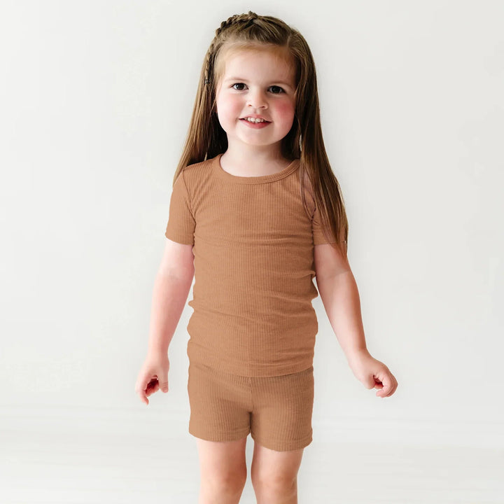 Caramel Ribbed Two Piece Short Sleeve Shorts Pajama Set - Zumbamboo