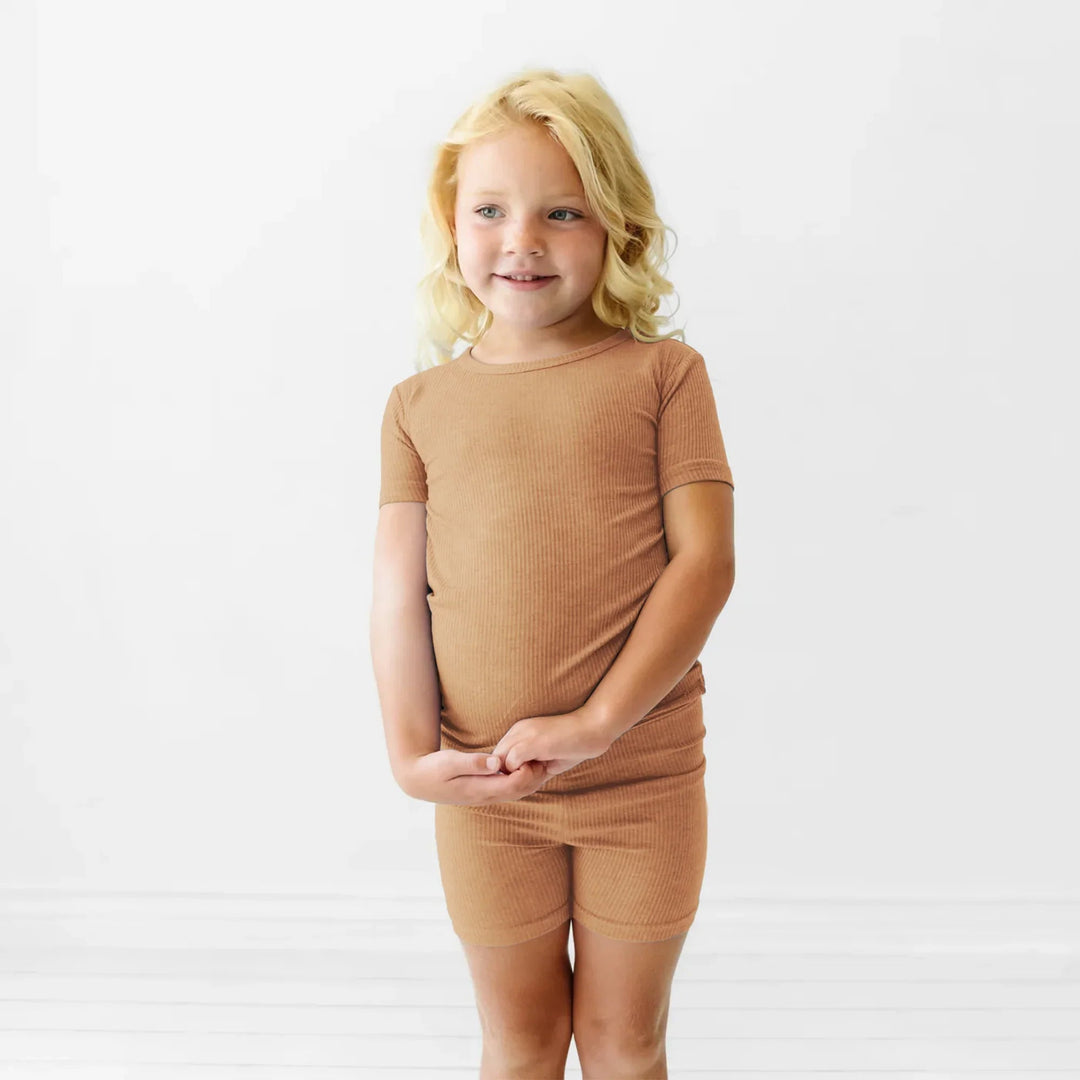Caramel Ribbed Two Piece Short Sleeve Shorts Pajama Set - Zumbamboo