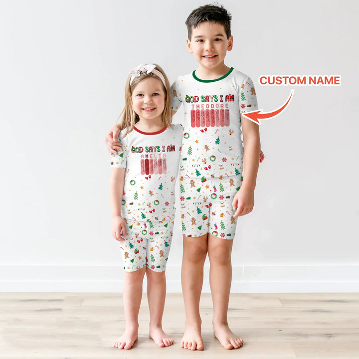 Christmas Blessings God Says I Am Custom Name Two Piece Short Sleeve Shorts Pajama Set - Zumbamboo