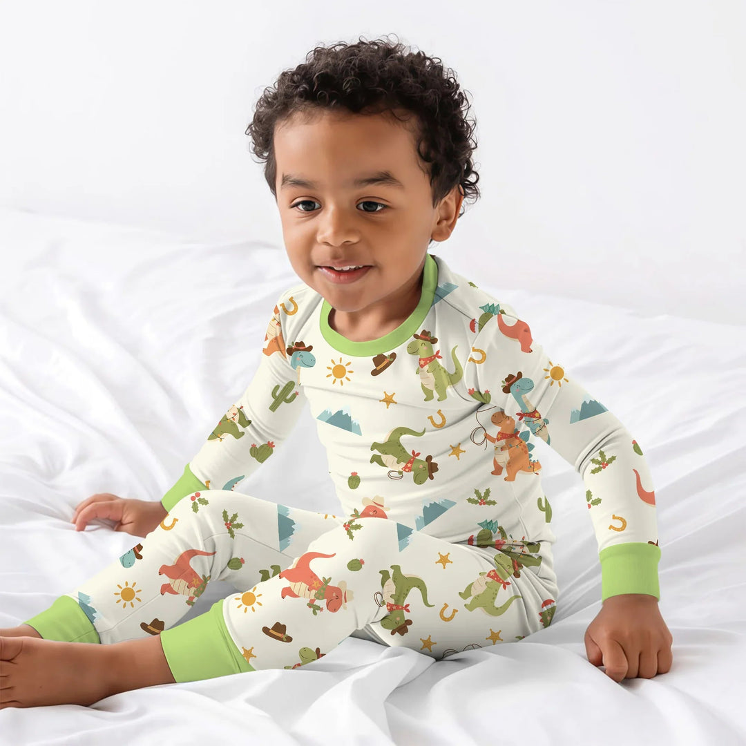 Christmas Cowboy Dinosaur Two Piece Long Sleeve Pajama Set - Zumbamboo