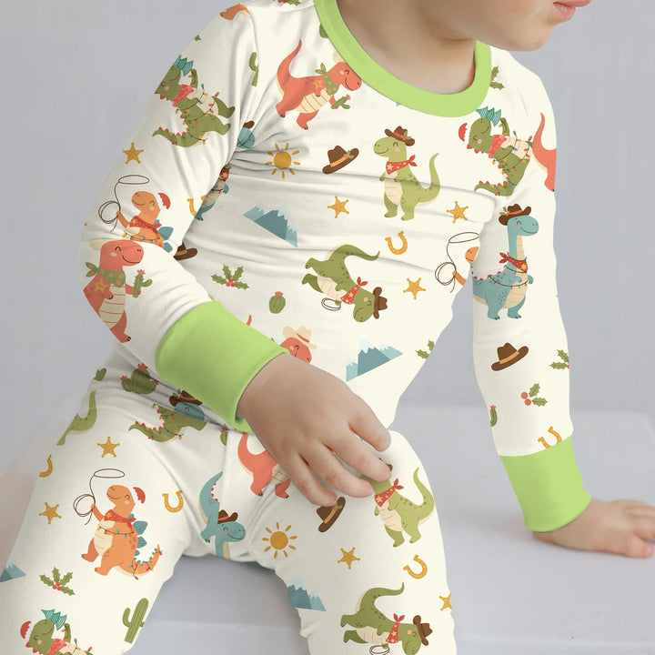 Christmas Cowboy Dinosaur Two Piece Long Sleeve Pajama Set - Zumbamboo