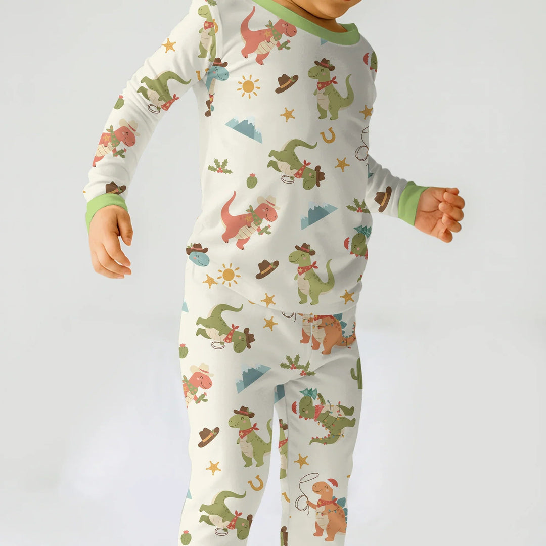 Christmas Cowboy Dinosaur Two Piece Long Sleeve Pajama Set - Zumbamboo