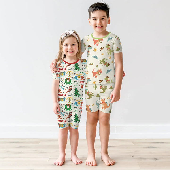 Christmas Cowboy Dinosaur Two Piece Short Sleeve Shorts Pajama Set - Zumbamboo