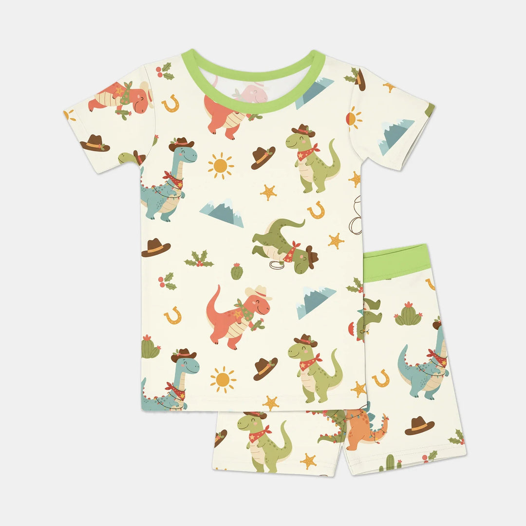 Christmas Cowboy Dinosaur Two Piece Short Sleeve Shorts Pajama Set - Zumbamboo