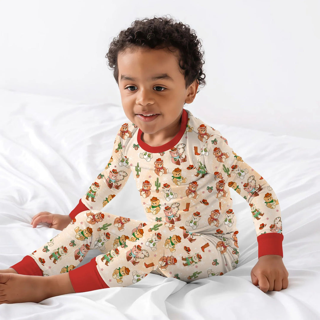 Christmas Cowboy Teddy Two Piece Long Sleeve Pajama Set , Christmas Cowboy Teddy Two Piece Long Sleeve Pajama Set - 12-18M