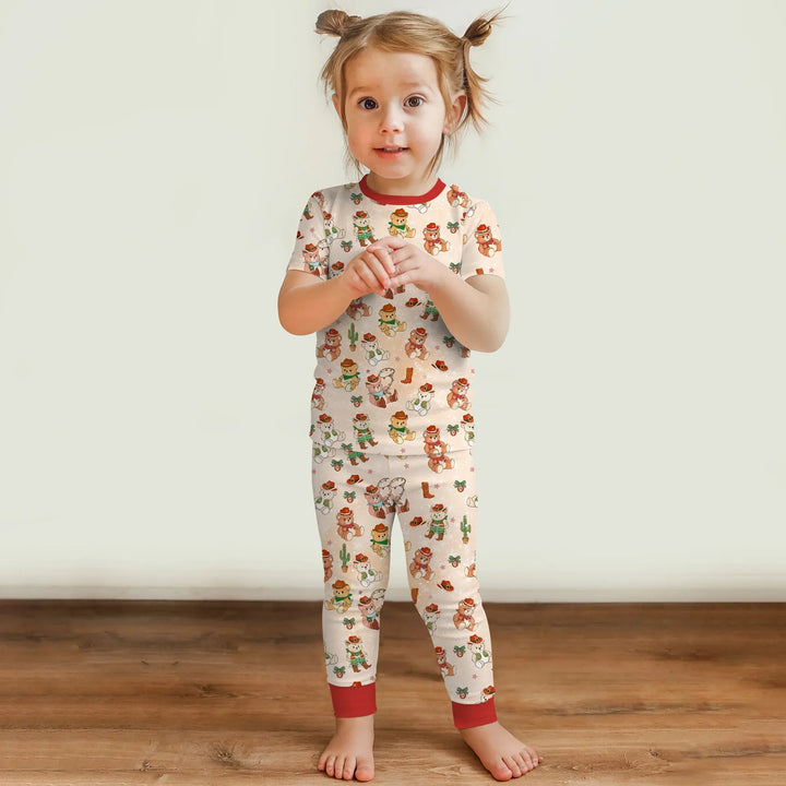 Christmas Cowboy Teddy Two Piece Short Sleeve Pajama Set - Zumbamboo