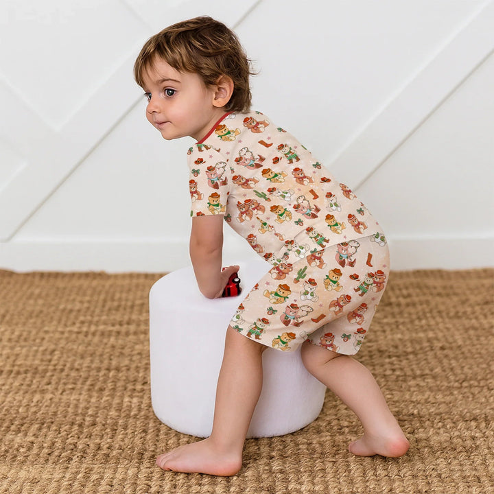 Christmas Cowboy Teddy Two Piece Short Sleeve Shorts Pajama Set , Christmas Cowboy Teddy Two Piece Short Sleeve Shorts Pajama Set - 12-18M