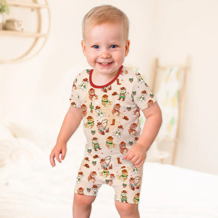 Christmas Cowboy Teddy Two Piece Short Sleeve Shorts Pajama Set , Christmas Cowboy Teddy Two Piece Short Sleeve Shorts Pajama Set - 12-18M