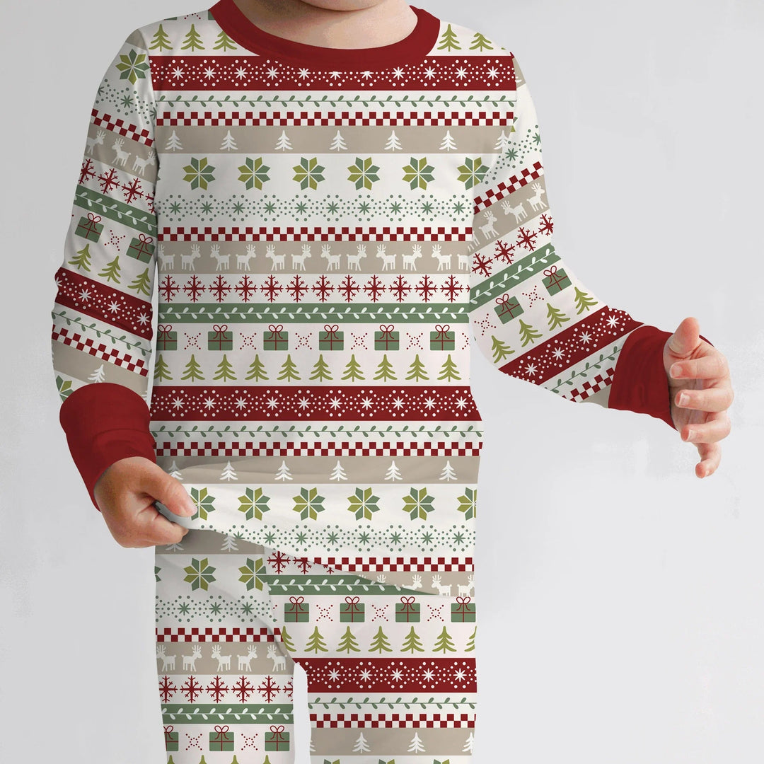 Christmas Fair Isle Red and Green Two Piece Long Sleeve Pajama Set - Zumbamboo
