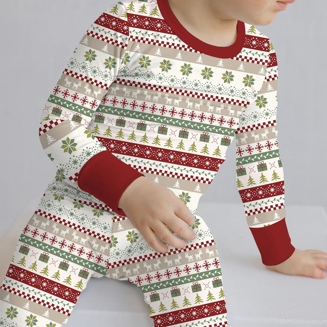 Christmas Fair Isle Red and Green Two Piece Long Sleeve Pajama Set - Zumbamboo
