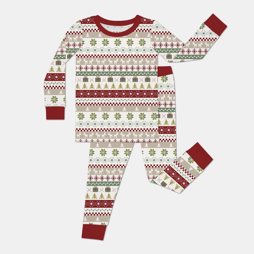 Christmas Fair Isle Red and Green Two Piece Long Sleeve Pajama Set - Zumbamboo