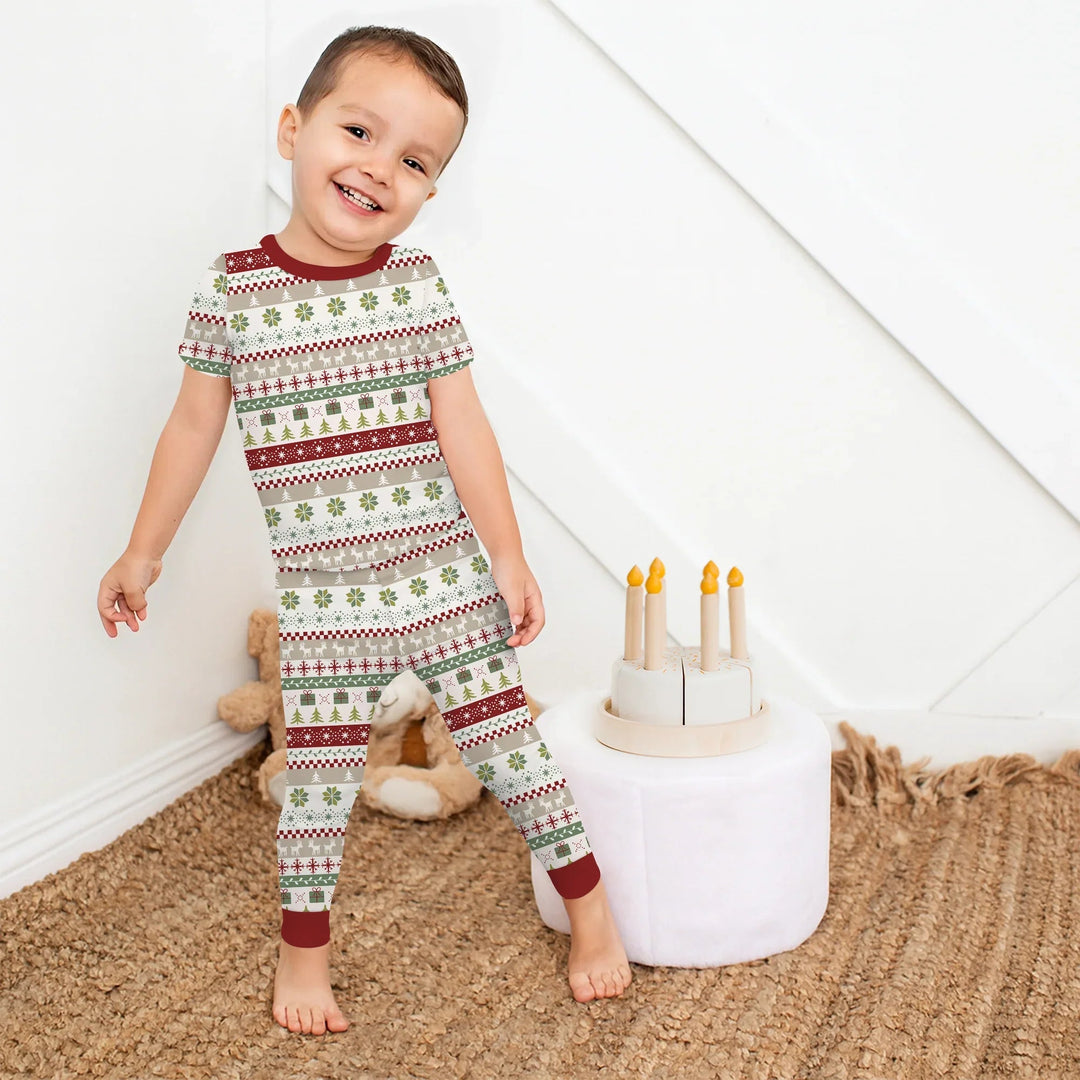 Christmas Fair Isle Red and Green Two Piece Short Sleeve Pajama Set - Zumbamboo