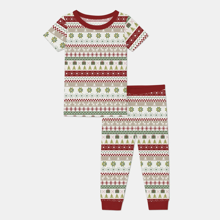 Christmas Fair Isle Red and Green Two Piece Short Sleeve Pajama Set - Zumbamboo