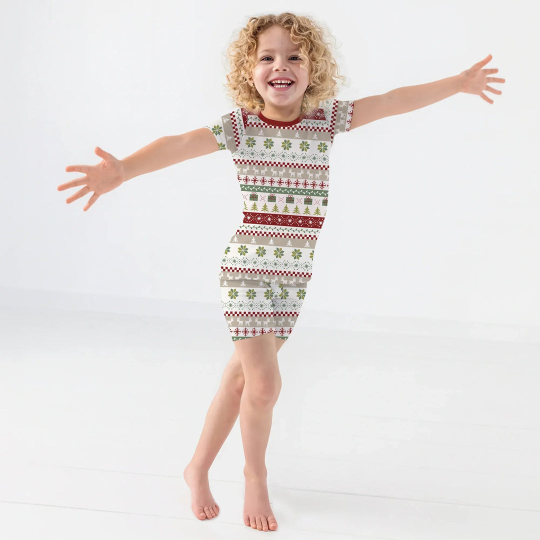 Christmas Fair Isle Red and Green Two Piece Short Sleeve Shorts Pajama Set - Zumbamboo