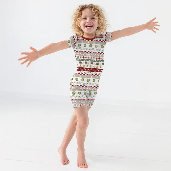 Christmas Fair Isle Red and Green Two Piece Short Sleeve Shorts Pajama Set - Zumbamboo