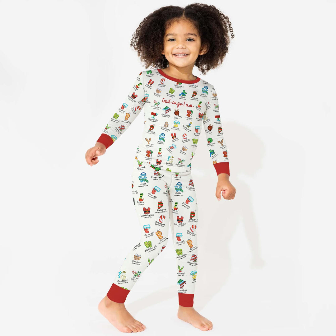 Christmas God Say I Am Alphabet Long Sleeve Pajama Set - Zumbamboo