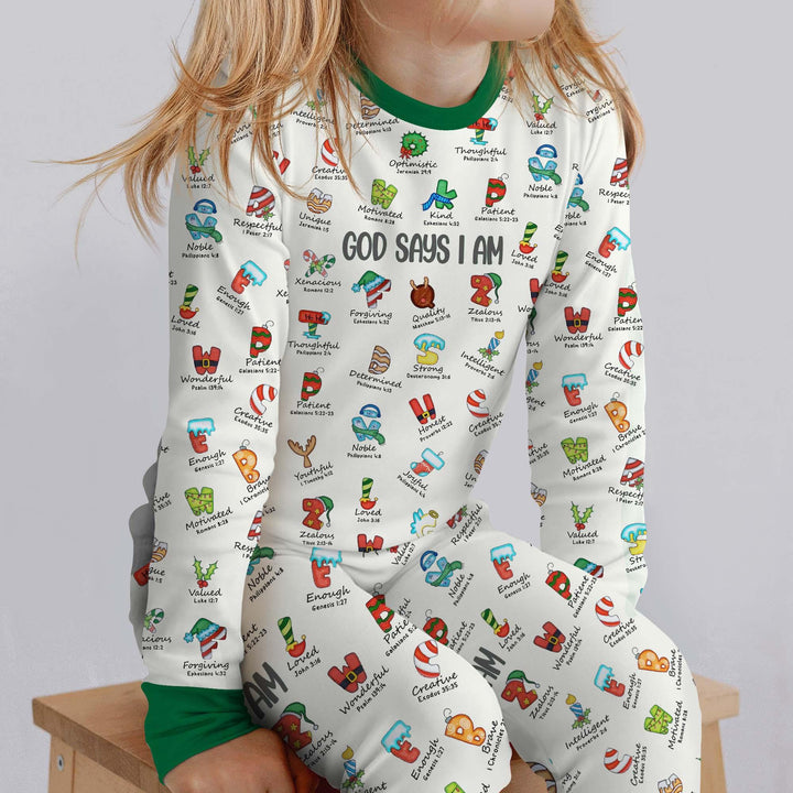Christmas God Say I Am Alphabet Long Sleeve Pajama Set - Zumbamboo