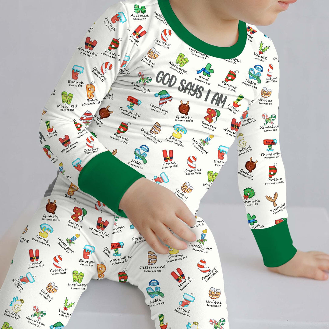 Christmas God Say I Am Alphabet Long Sleeve Pajama Set - Zumbamboo