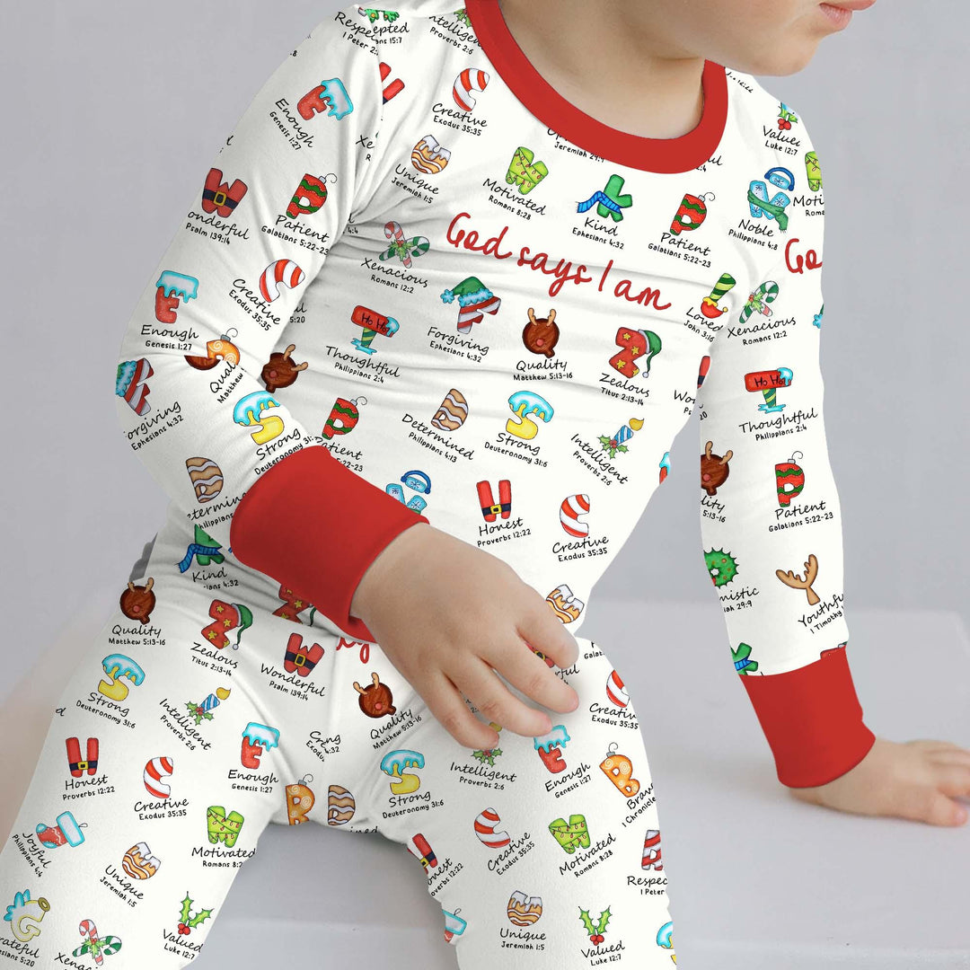 Christmas God Say I Am Alphabet Long Sleeve Pajama Set - Zumbamboo
