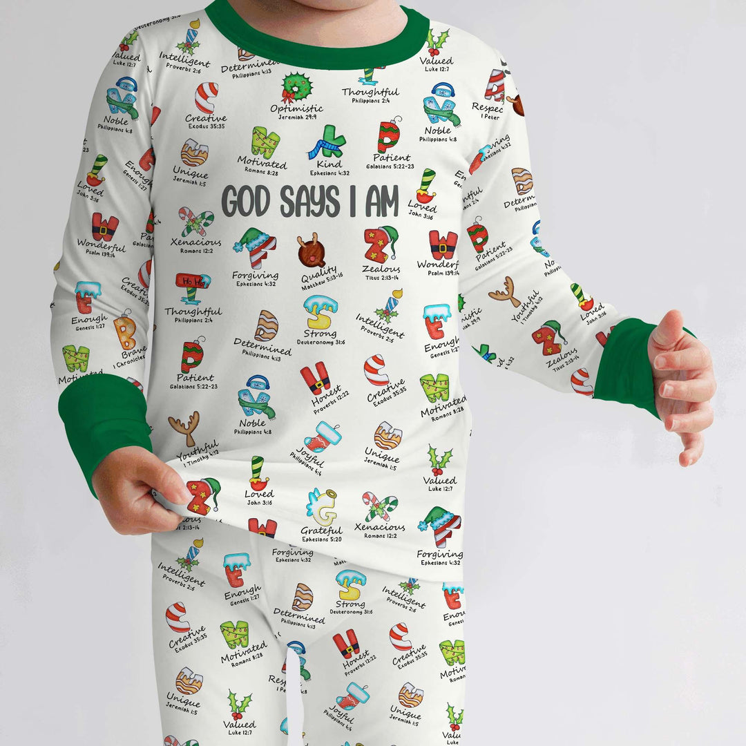 Christmas God Say I Am Alphabet Long Sleeve Pajama Set - Zumbamboo
