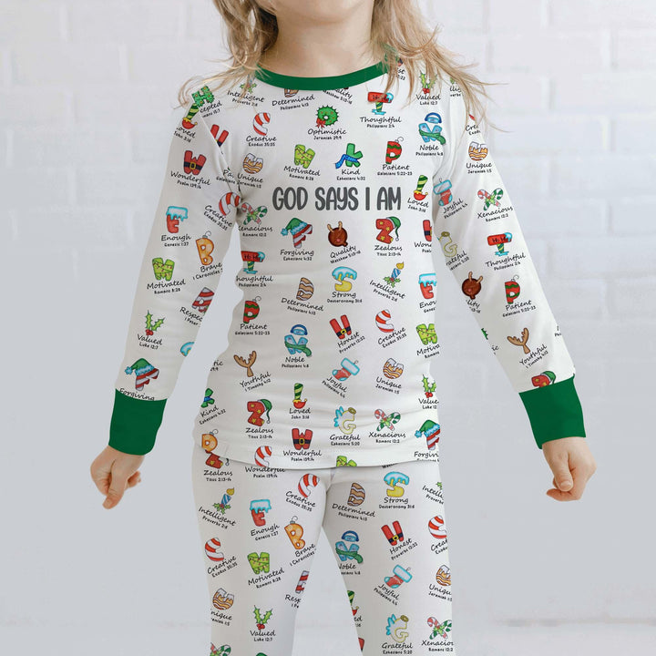Christmas God Say I Am Alphabet Long Sleeve Pajama Set - Zumbamboo