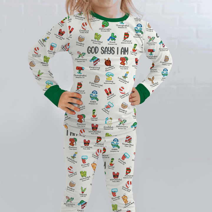 Christmas God Say I Am Alphabet Long Sleeve Pajama Set - Zumbamboo