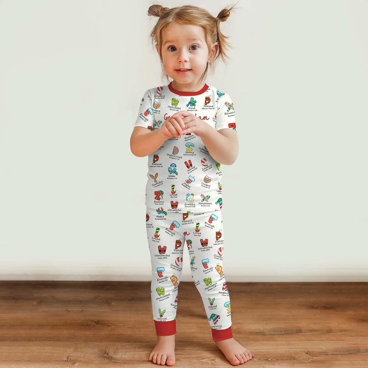 Christmas God Say I Am Alphabet Short Sleeve Pajama Set , Christmas God Say I Am Alphabet Short Sleeve Pajama Set - 12-18M / Red / Girl