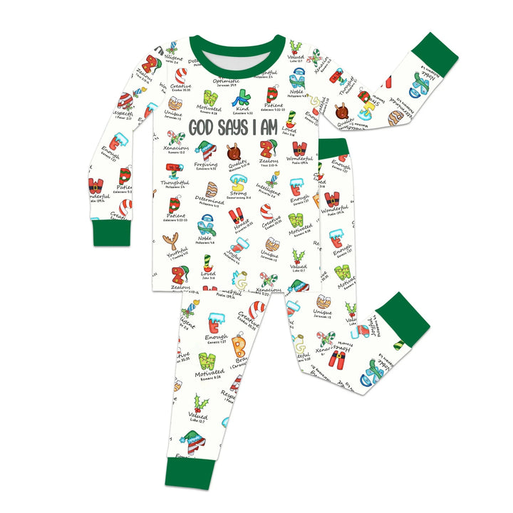 Christmas God Say I Am Alphabet Short Sleeve Pajama Set , Christmas God Say I Am Alphabet Short Sleeve Pajama Set - 12-18M / Red / Girl