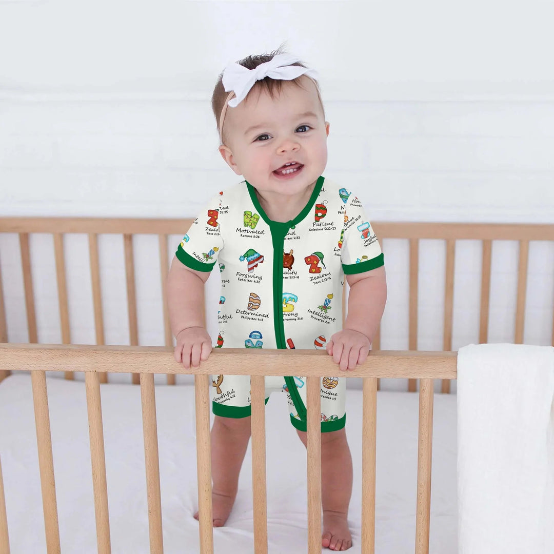 Christmas God Say I Am Alphabet Shorty Zippy , Christmas God Say I Am Alphabet Shorty Zippy - 0-3M / Green / Girl