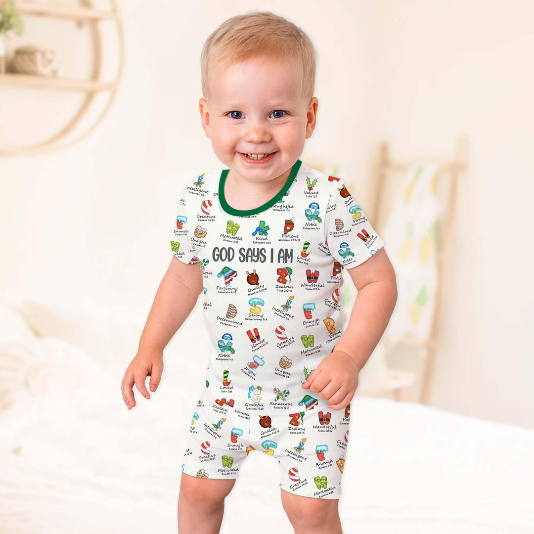 Christmas God Say I Am Alphabet Two Piece Short Sleeve Pajama Set - Zumbamboo