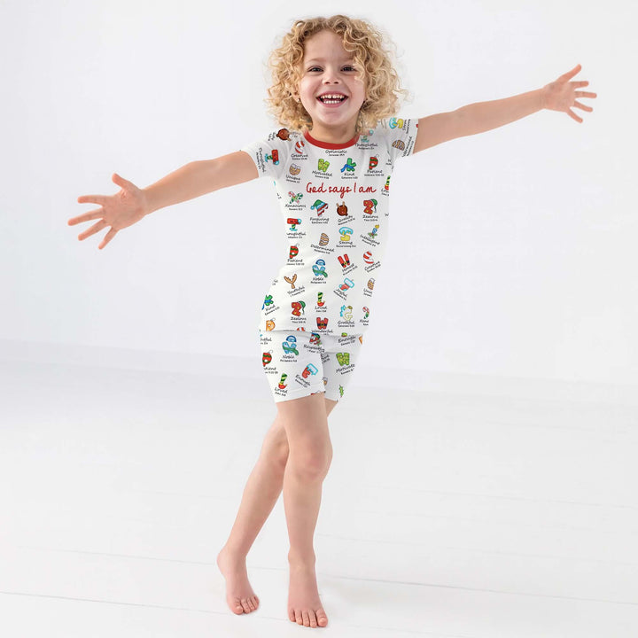 Christmas God Say I Am Alphabet Two Piece Short Sleeve Pajama Set , Christmas God Say I Am Alphabet Two Piece Short Sleeve Pajama Set - 12-18M / Red / Girl